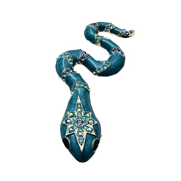 Womens Snake Brooch Pin Pendant Blue Enamel Clear Rhinestone Gold Tone - Picture 1 of 3